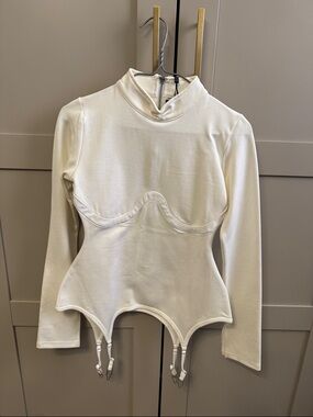 Maniere De Voir Cream Mock Neck Long Sleeve Top with Garter Hem
